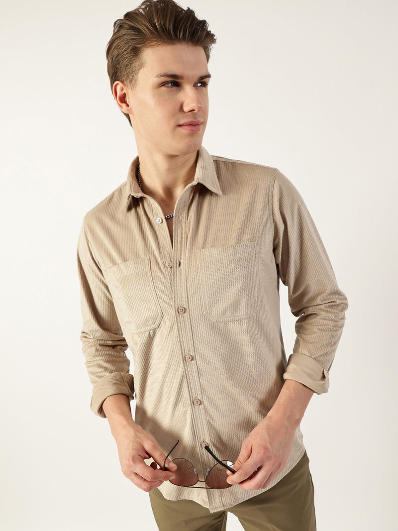 Thomas Scott Men Beige Classic Spread Collar Textured Solid Slim Fit Casual Shirt