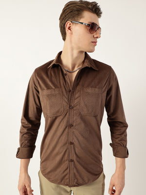 Thomas Scott Men Brown Classic Spread Collar Textured Solid Slim Fit Casual Shirt