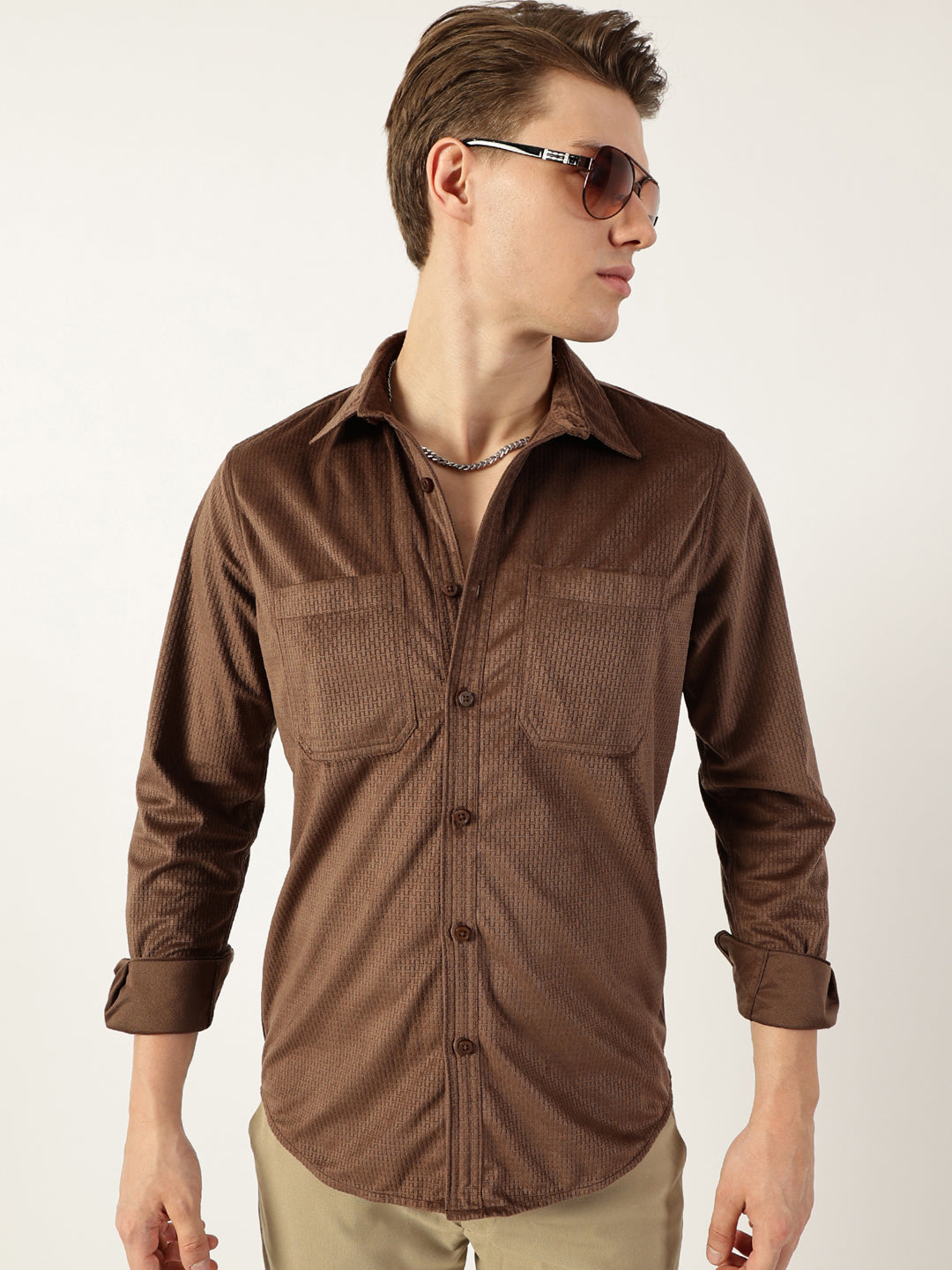 Thomas Scott Men Brown Classic Spread Collar Textured Solid Slim Fit Casual Shirt