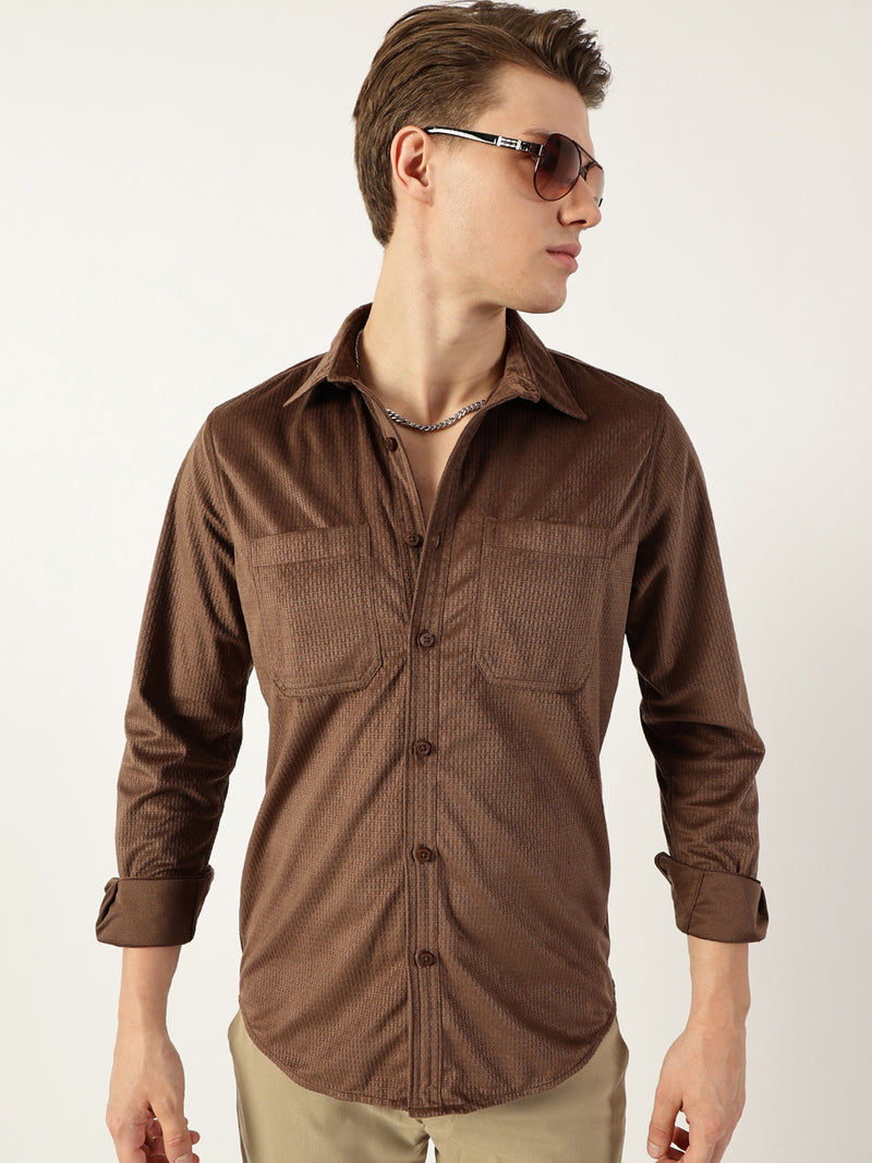 Thomas Scott Men Brown Classic Spread Collar Textured Solid Slim Fit Casual Shirt