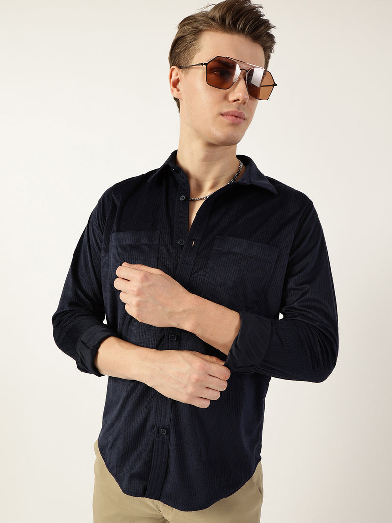 Thomas Scott Men Navy Classic Spread Collar Textured Slim Fit Casual Shirt
