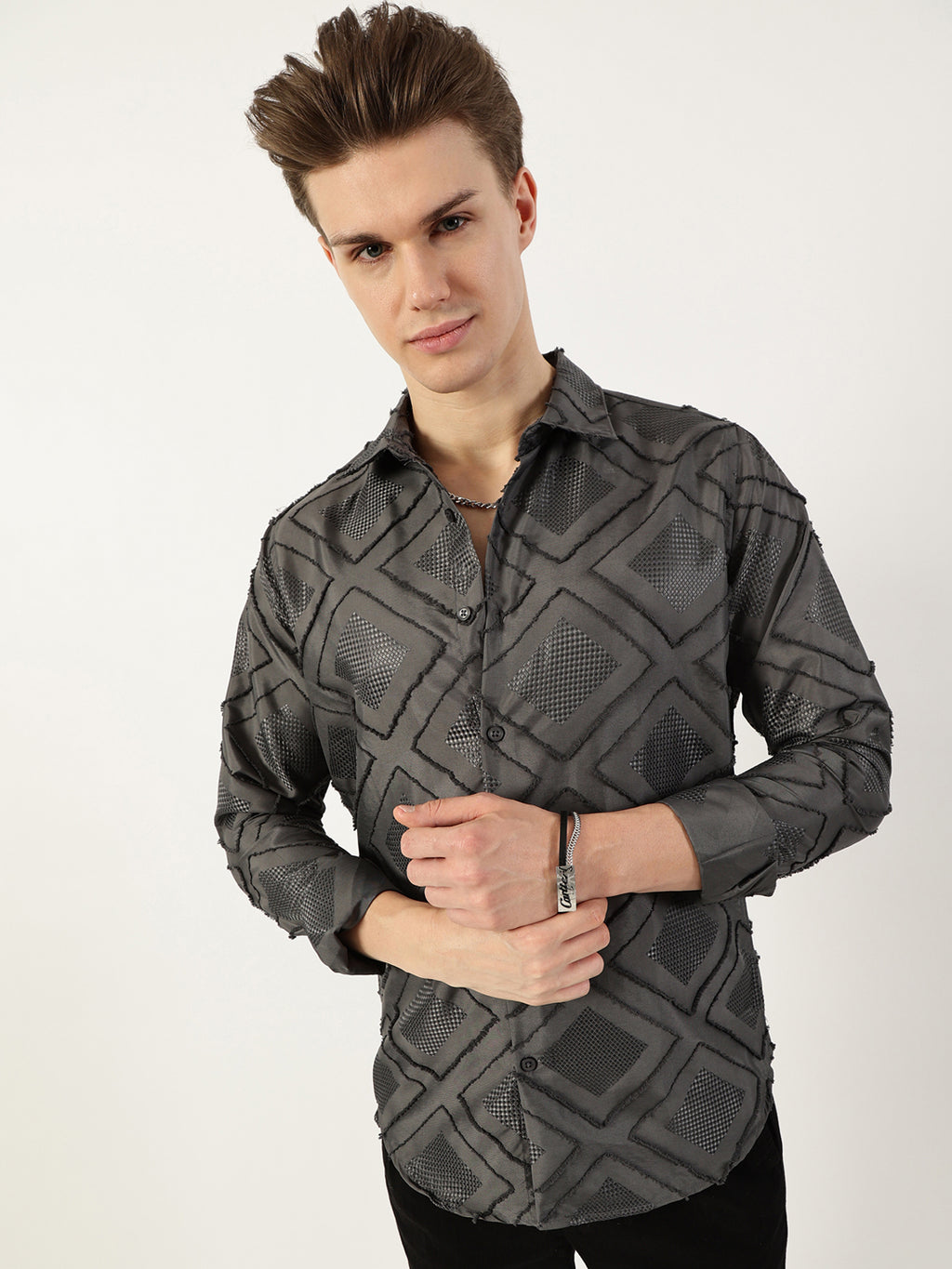 Thomas Scott Men Grey Premium Spread Collar Graphic Printed Slim Fit Casual Shirt