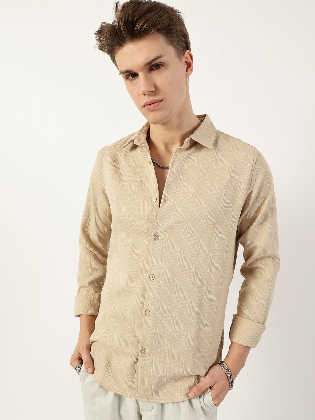 Thomas Scott Men Beige Premium Spread Collar Textured Solid Slim Fit Casual Shirt