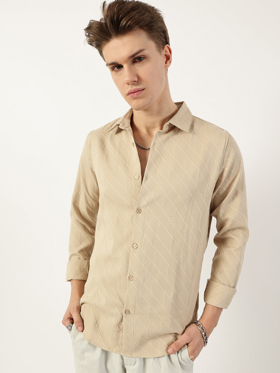 Thomas Scott Men Beige Premium Spread Collar Textured Solid Slim Fit Casual Shirt