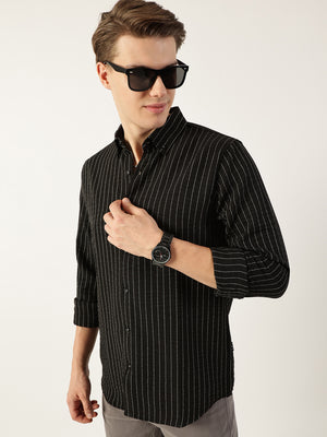 Black Premium Spread Collar Vertical Striped Slim Fit Casual Shirt For Men