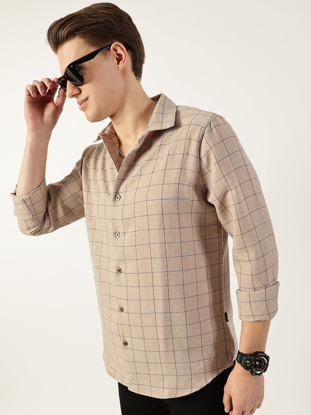 Thomas Scott Men Beige Smart Spread Collar Windowpane Checked Slim Fit Casual Shirt