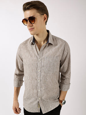 Thomas Scott Men Brown Premium Slim Fit Opaque Striped Casual Shirt
