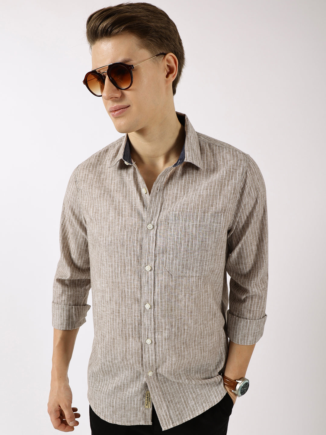 Thomas Scott Men Brown Premium Slim Fit Opaque Striped Casual Shirt