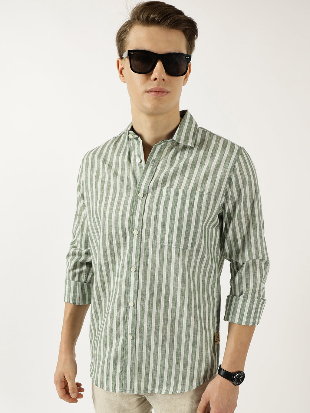 Thomas Scott Men Green Classic Slim Fit Opaque Striped Casual Shirt