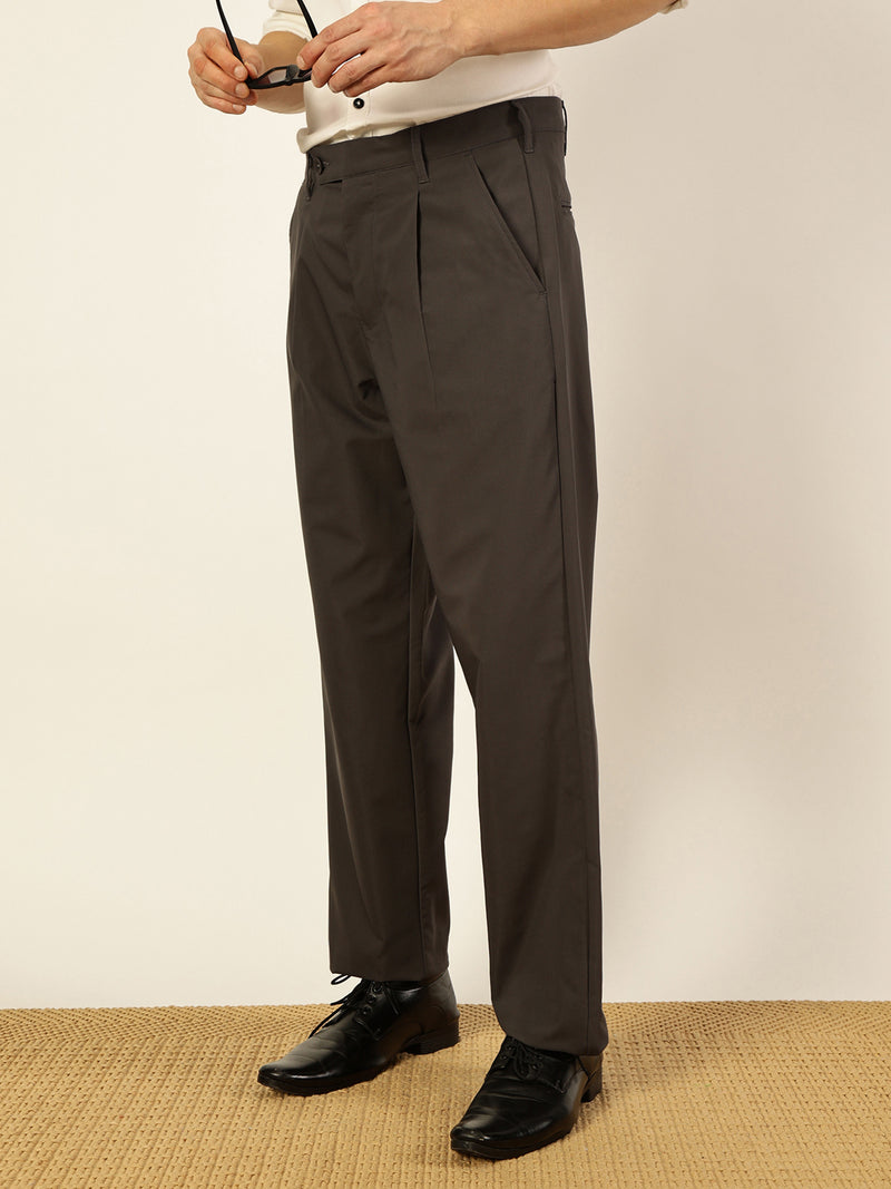 Thomas Scott Men Dark Grey Smart Pleated Mid-Rise Trousers
