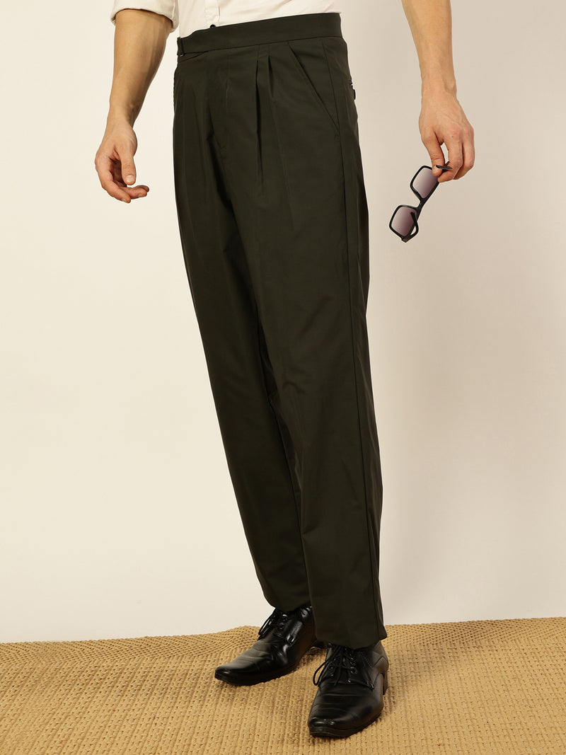 Thomas Scott Men Olive Smart Regular Fit Pleated Trousers