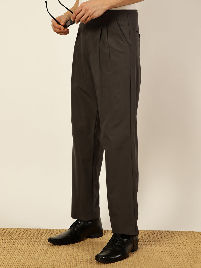 Thomas Scott Men Dark Grey Smart Pleated Mid-Rise Trousers