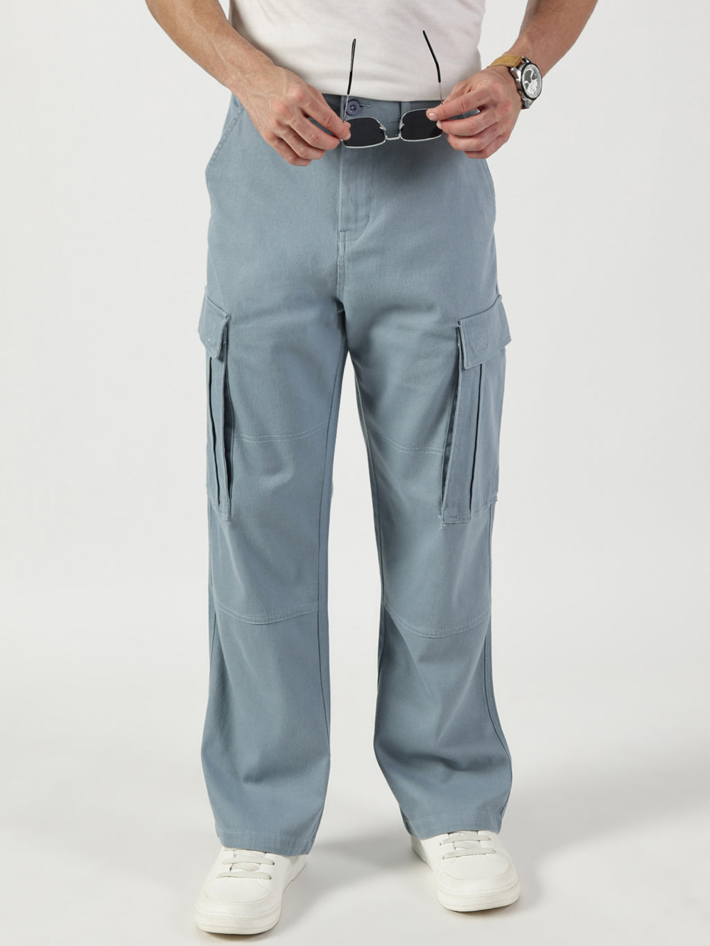 Thomas Scott Men Light Blue Relaxed Fit Mid-Rise Cargos Trousers