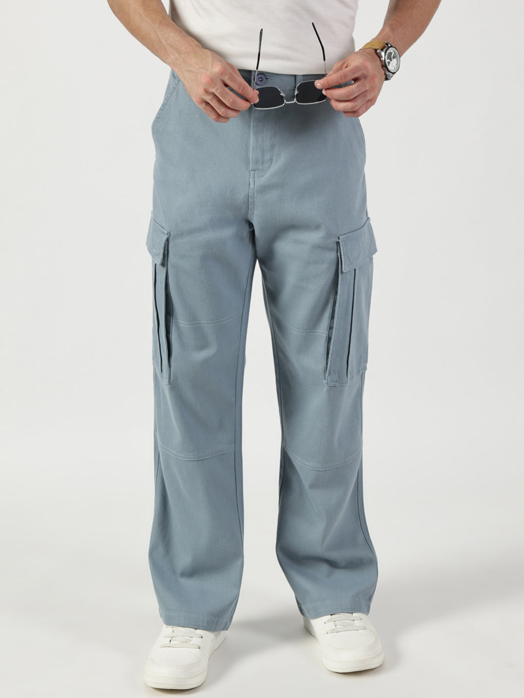 Thomas Scott Men Light Blue Relaxed Fit Mid-Rise Cargos Trousers