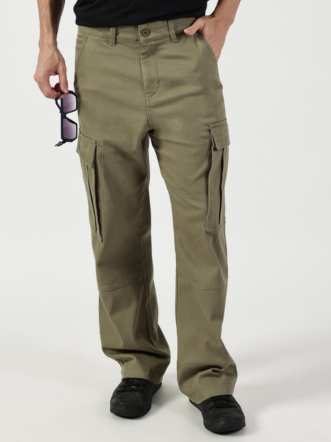 Thomas Scott Men Olive Relaxed Easy Wash Cargos Trousers