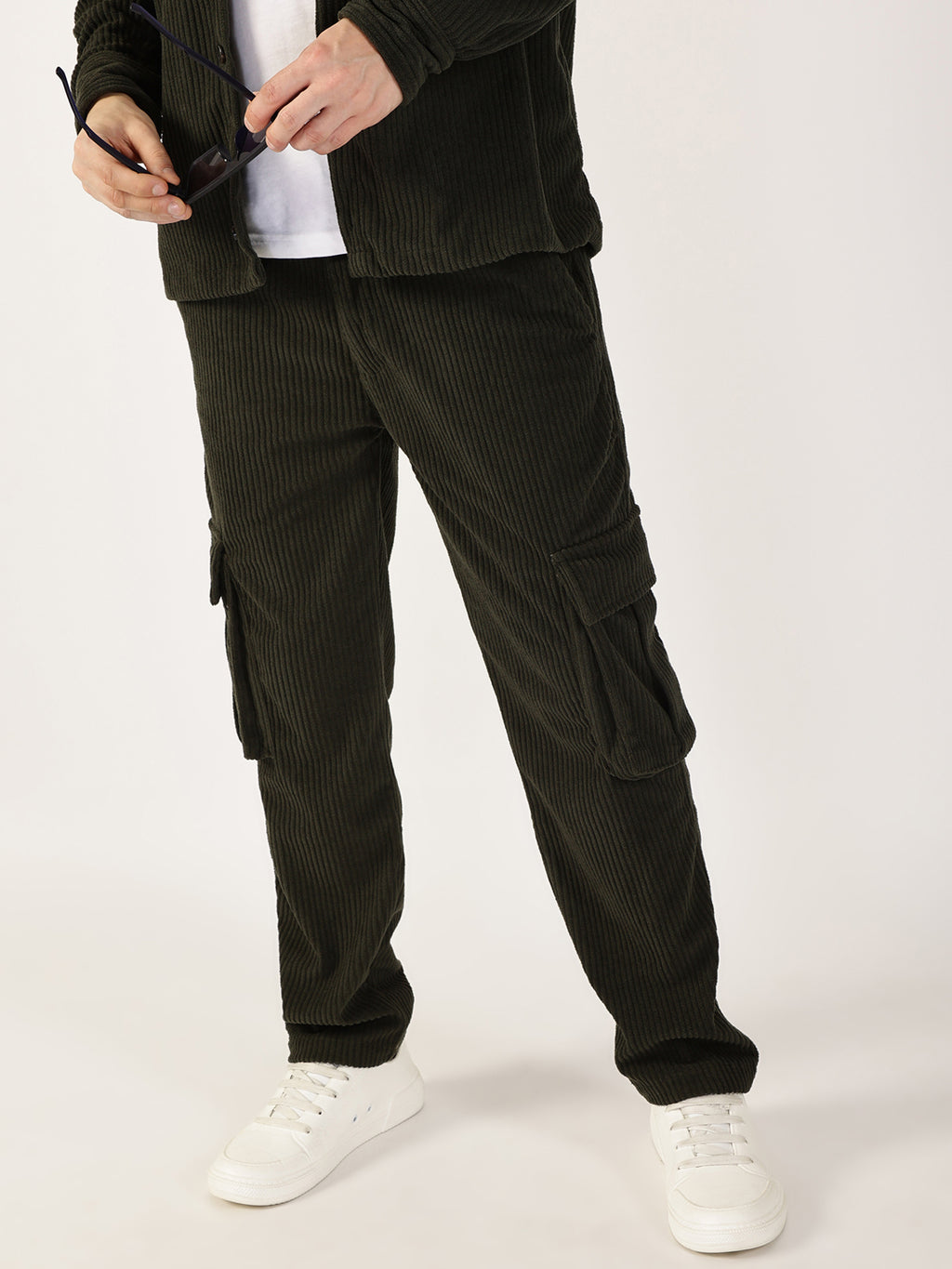 Thomas Scott Men Olive Striped Smart Cargos Trousers