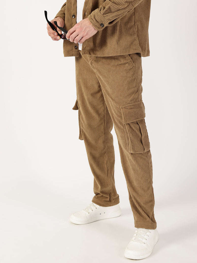 Thomas Scott Men Khaki Striped Smart Cargos Trousers