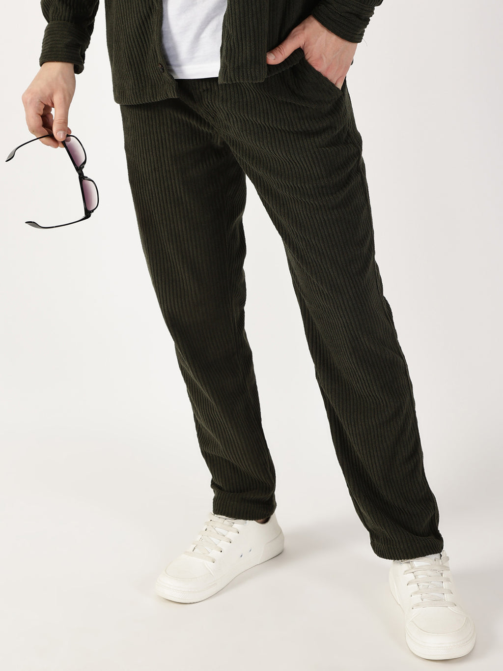 Thomas Scott Men Olive Striped Smart Cargos Trousers