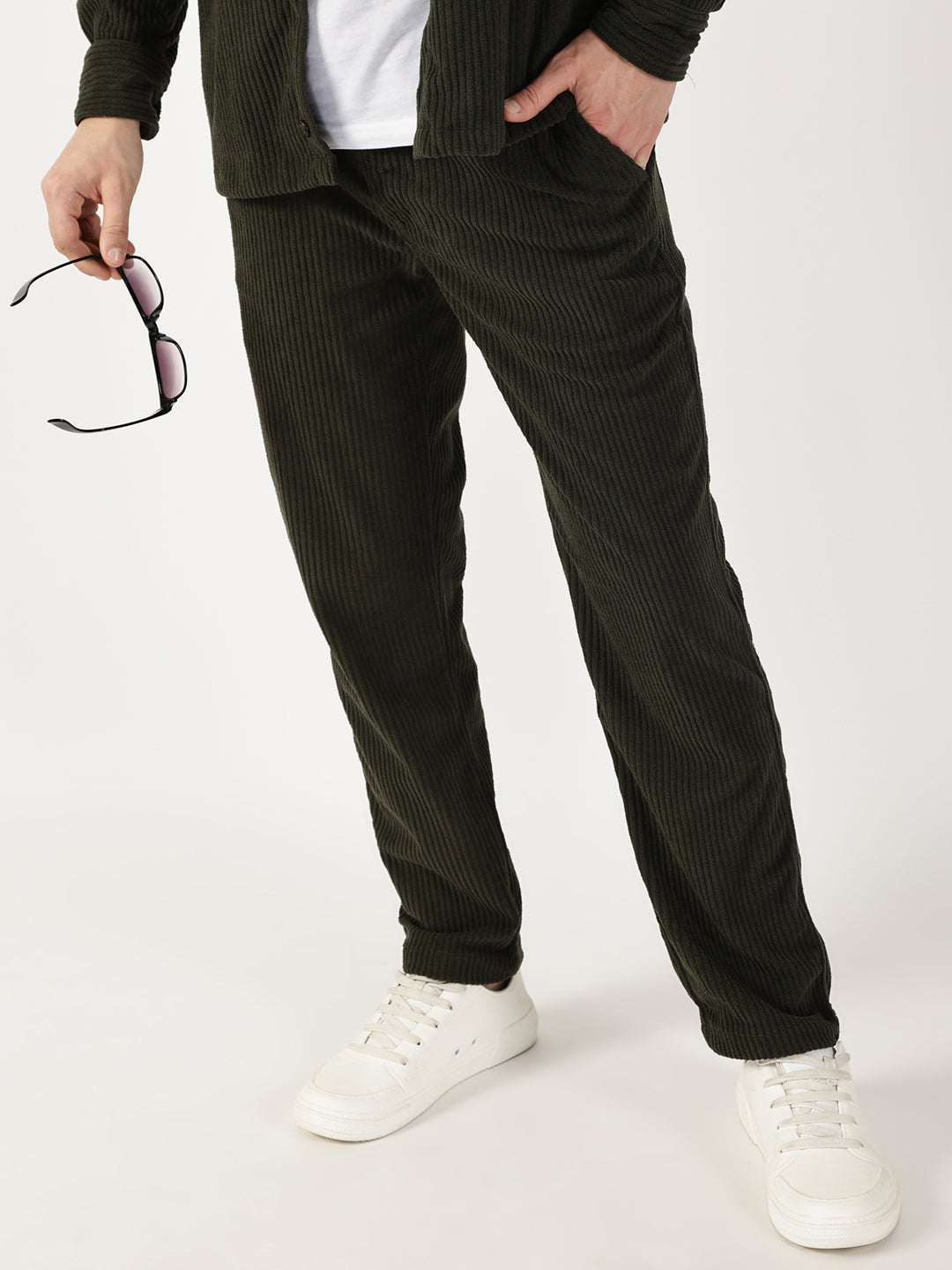 Thomas Scott Men Olive Striped Smart Cargos Trousers