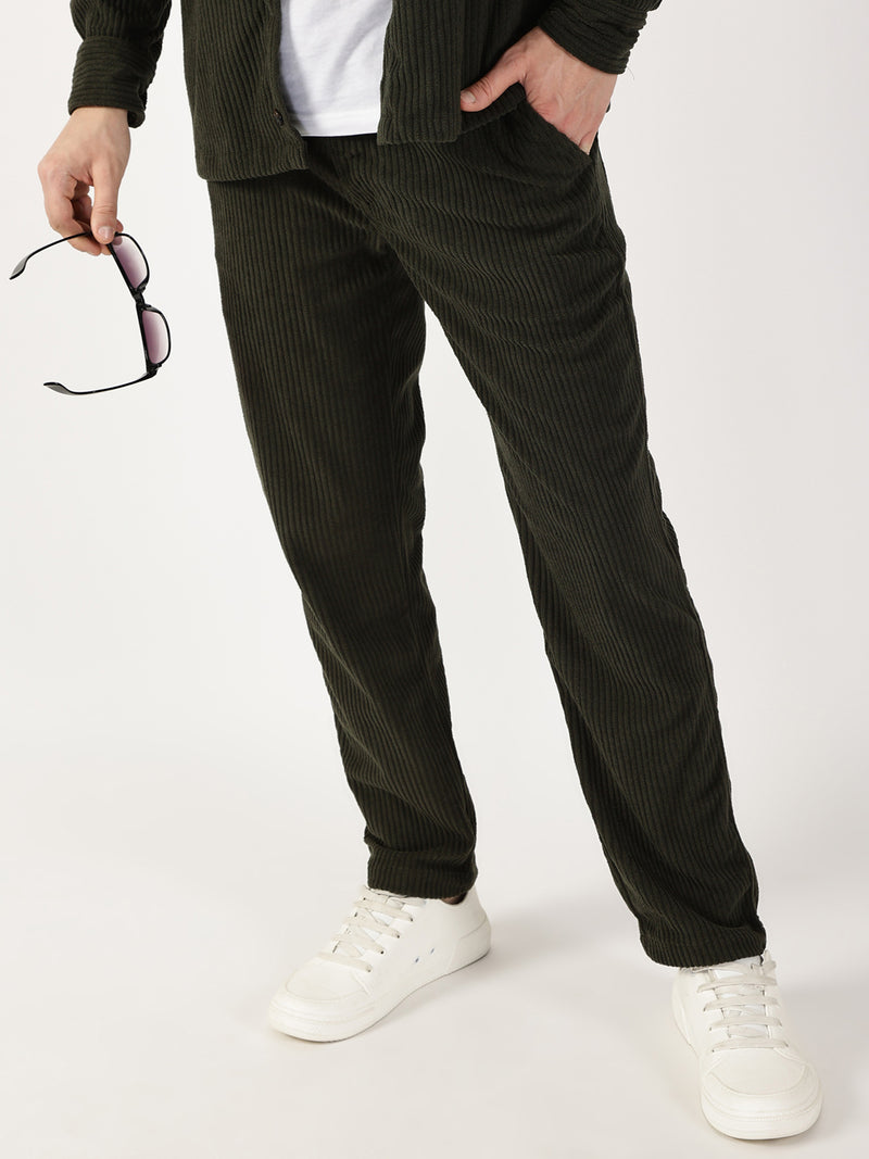 Thomas Scott Men Olive Striped Smart Cargos Trousers