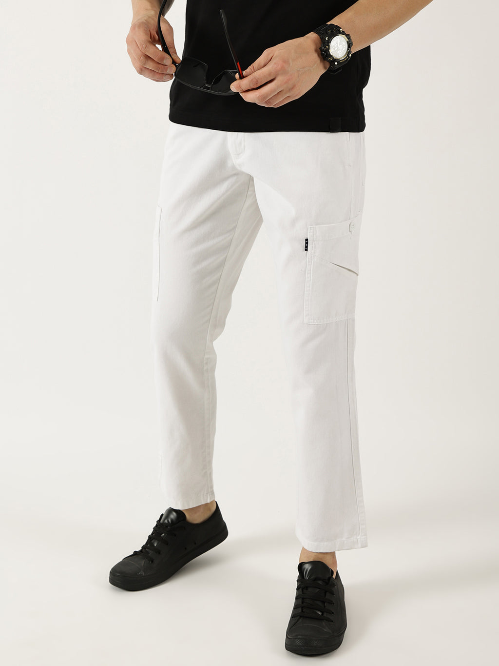 Thomas Scott Men White Pure Cotton Smart Mid-Rise Straight Fit Easy Wash Cargos