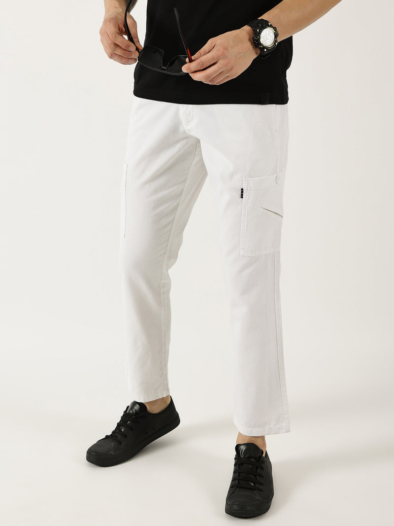 Thomas Scott Men White Pure Cotton Smart Mid-Rise Straight Fit Easy Wash Cargos