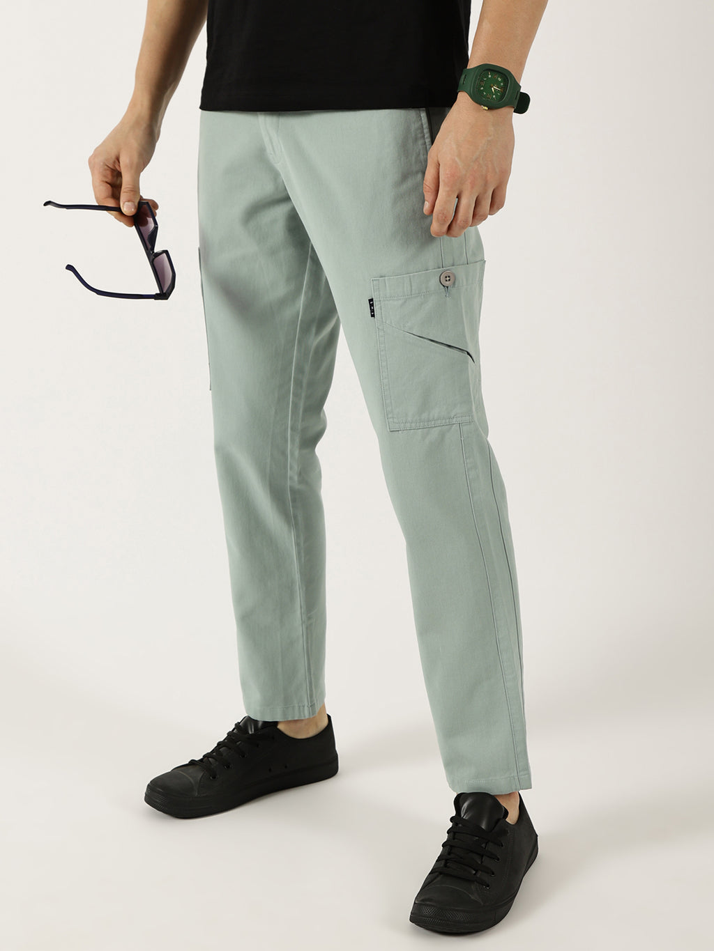 Thomas Scott Men Sea Blue Pure Cotton Smart Mid-Rise Straight Fit Easy Wash Cargos