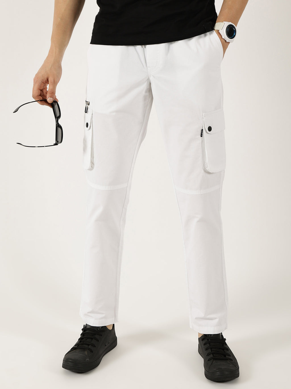 White Pure Cotton Smart Mid-Rise Straight Fit Easy Wash Cargos