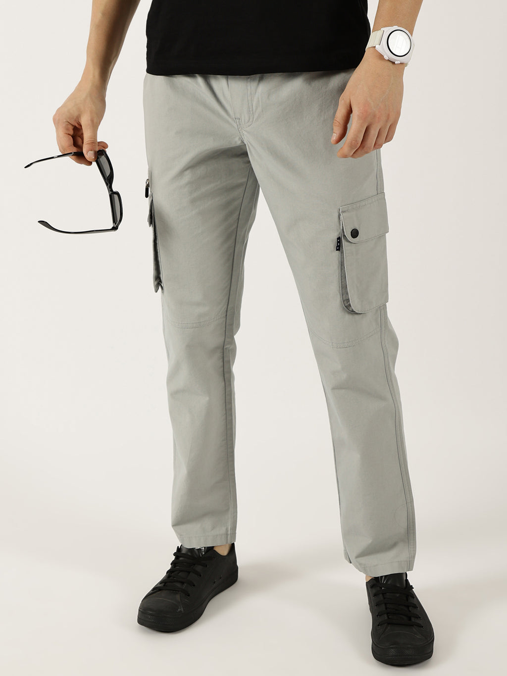 Thomas Scott Men Grey Cotton Smart Straight Fit Easy Wash Cargos Trousers