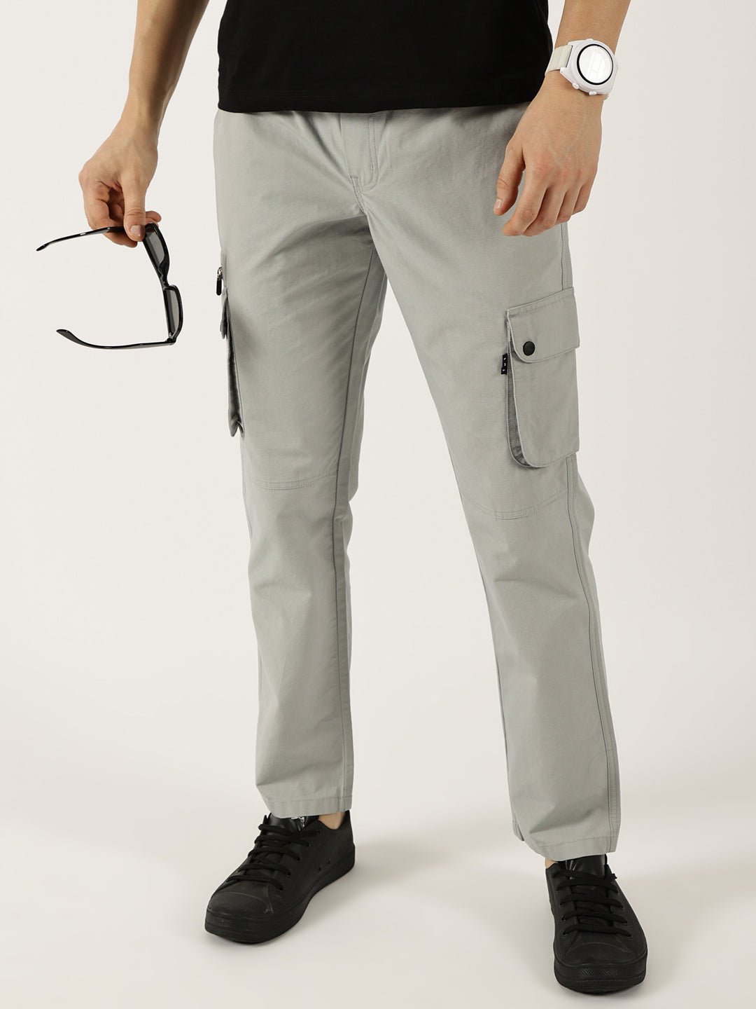 Thomas Scott Men Grey Cotton Smart Straight Fit Easy Wash Cargos Trousers