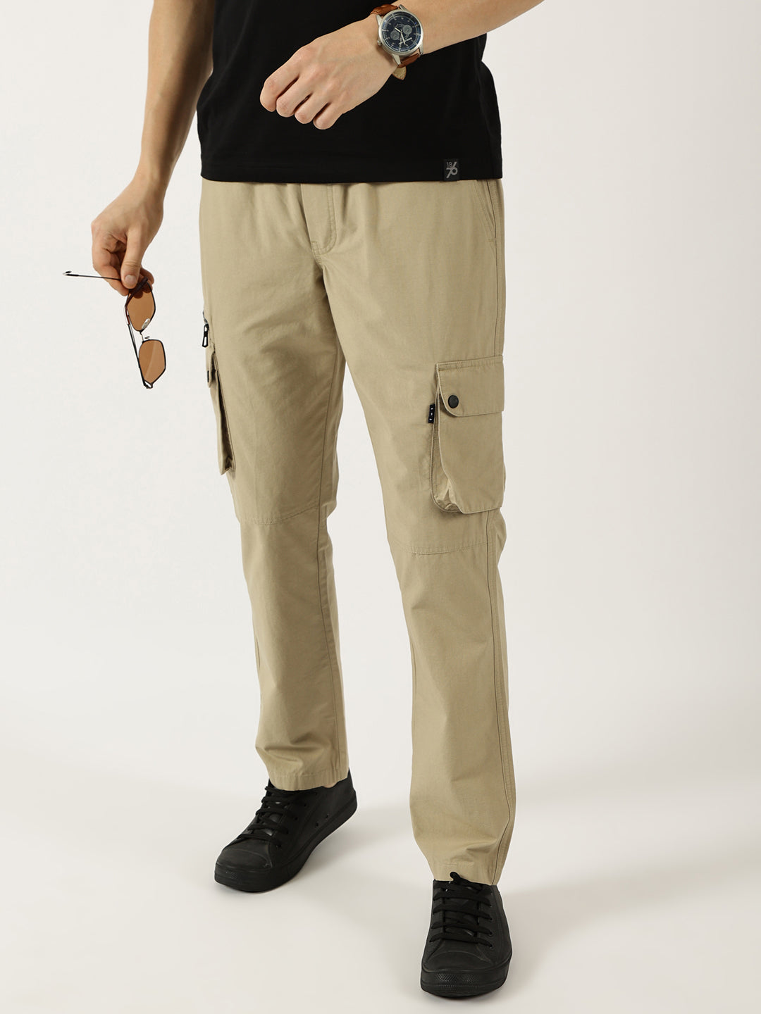 Thomas Scott Men Khaki Pure Cotton Smart Mid-Rise Straight Fit Easy Wash Cargos