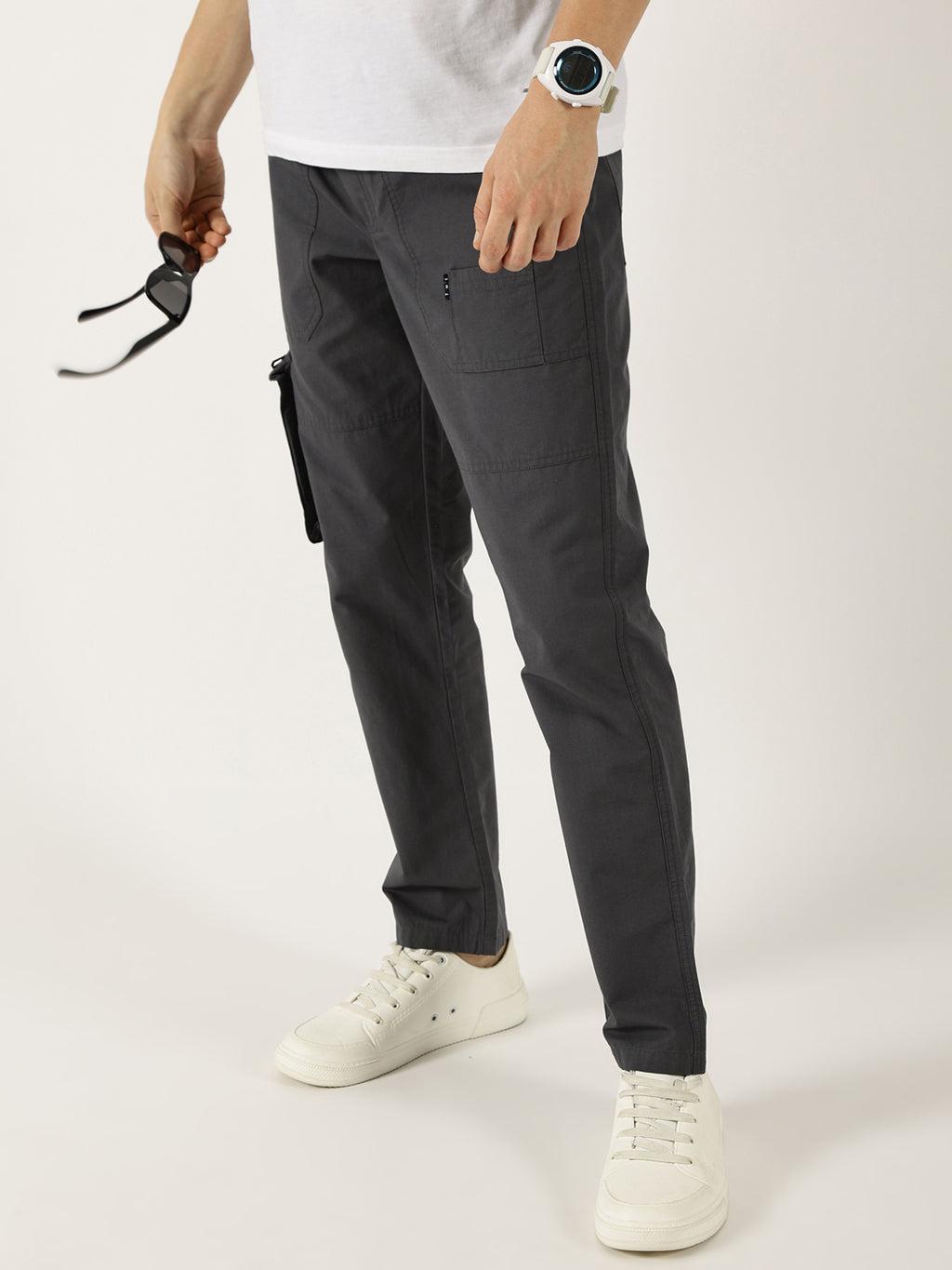 Thomas Scott Men Grey Cotton Regular Fit Smart Easy Wash Cargos Trousers