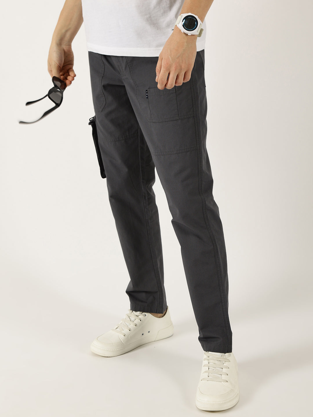 Thomas Scott Men Grey Cotton Regular Fit Smart Easy Wash Cargos Trousers