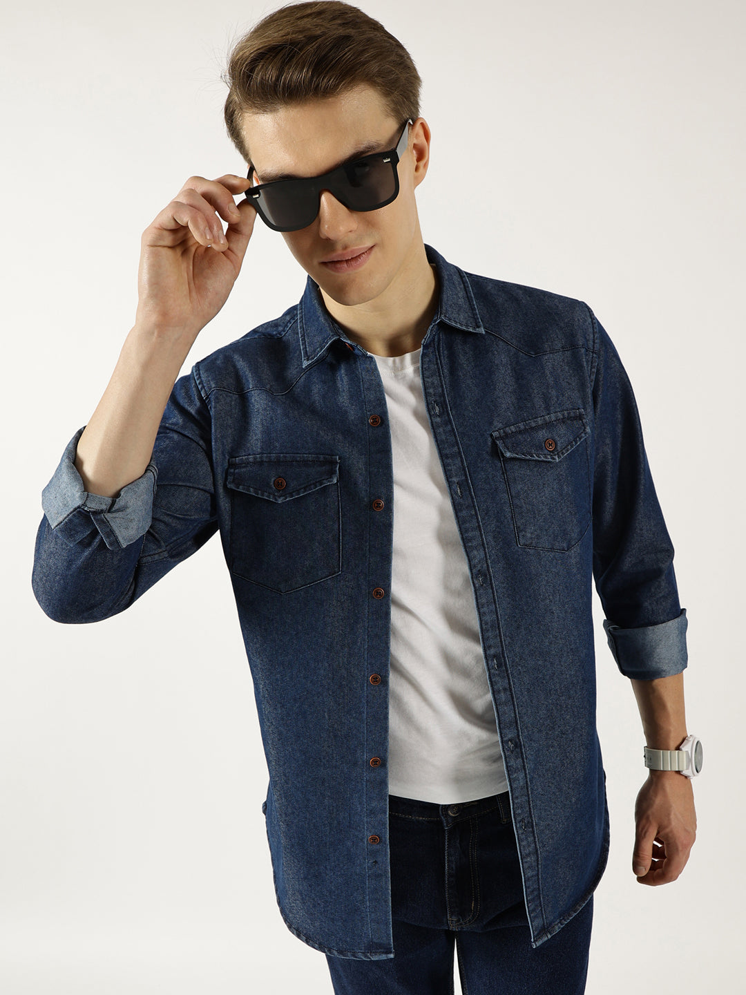 Thomas Scott Men Indigo Classic Spread Collar Faded Cotton Slim Fit Casual Shirt