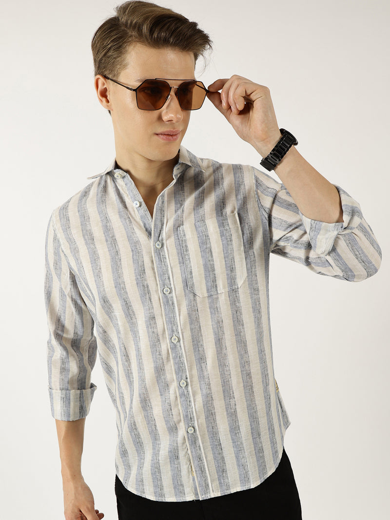 Thomas Scott Men Navy Classic Spread Collar Vertical Striped Linen Slim Fit Casual Shirt