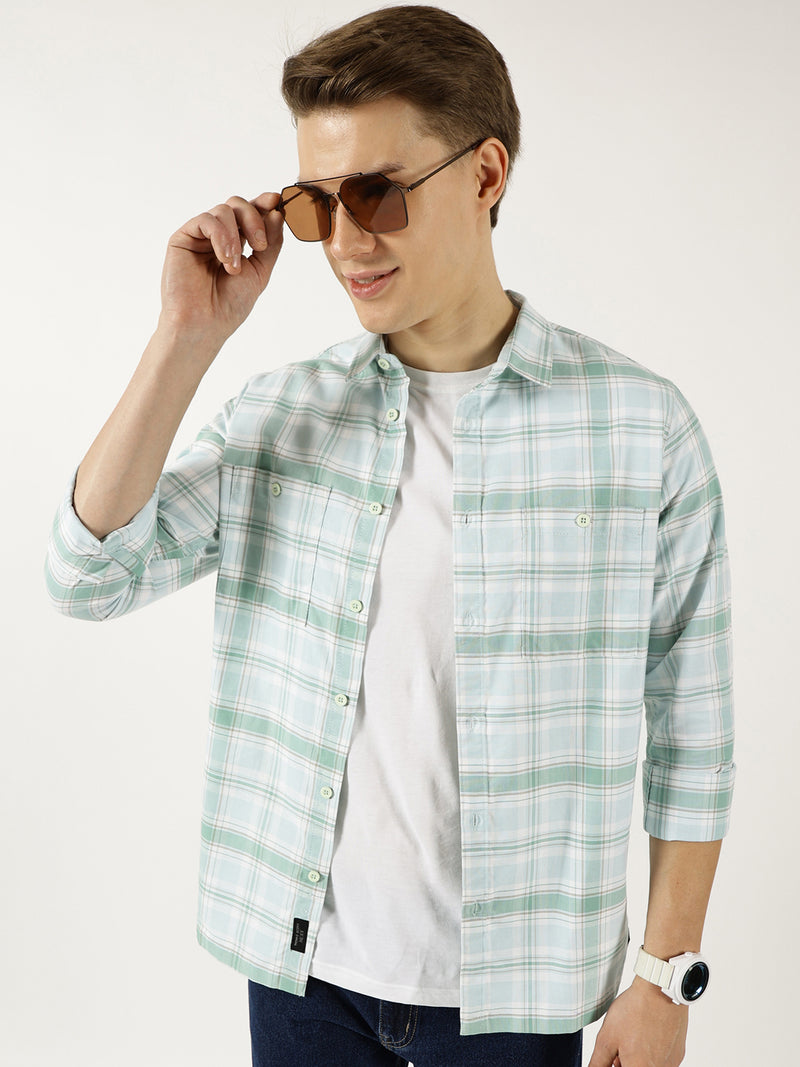 Thomas Scott Men Green Classic Spread Collar Tartan Checked Cotton Slim Fit Casual Shirt