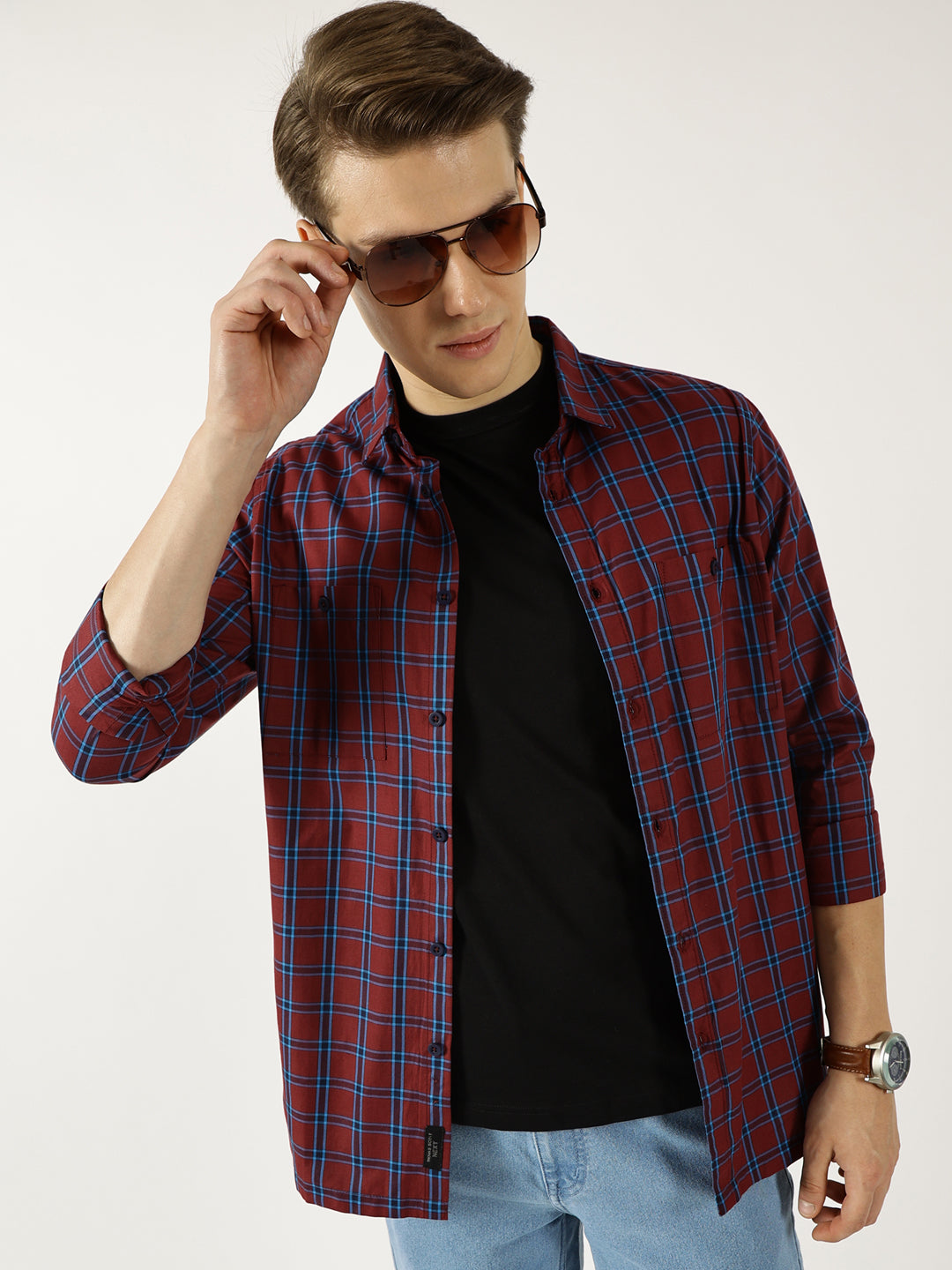 Thomas Scott Men Marron Classic Spread Collar Windowpane Checked Cotton Slim Fit Casual Shirt