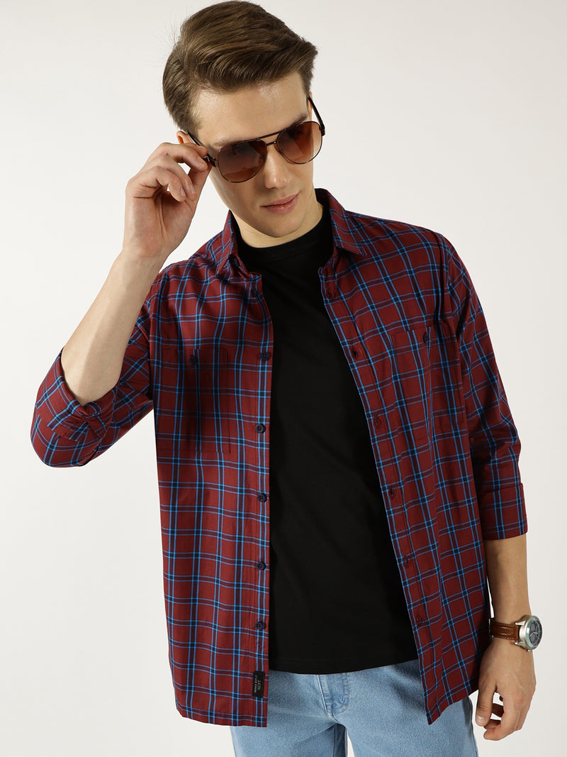 Thomas Scott Men Marron Classic Spread Collar Windowpane Checked Cotton Slim Fit Casual Shirt