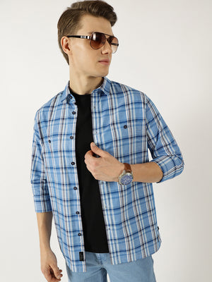 Thomas Scott Men Blue Classic Spread Collar Tartan Checked Cotton Slim Fit Casual Shirt