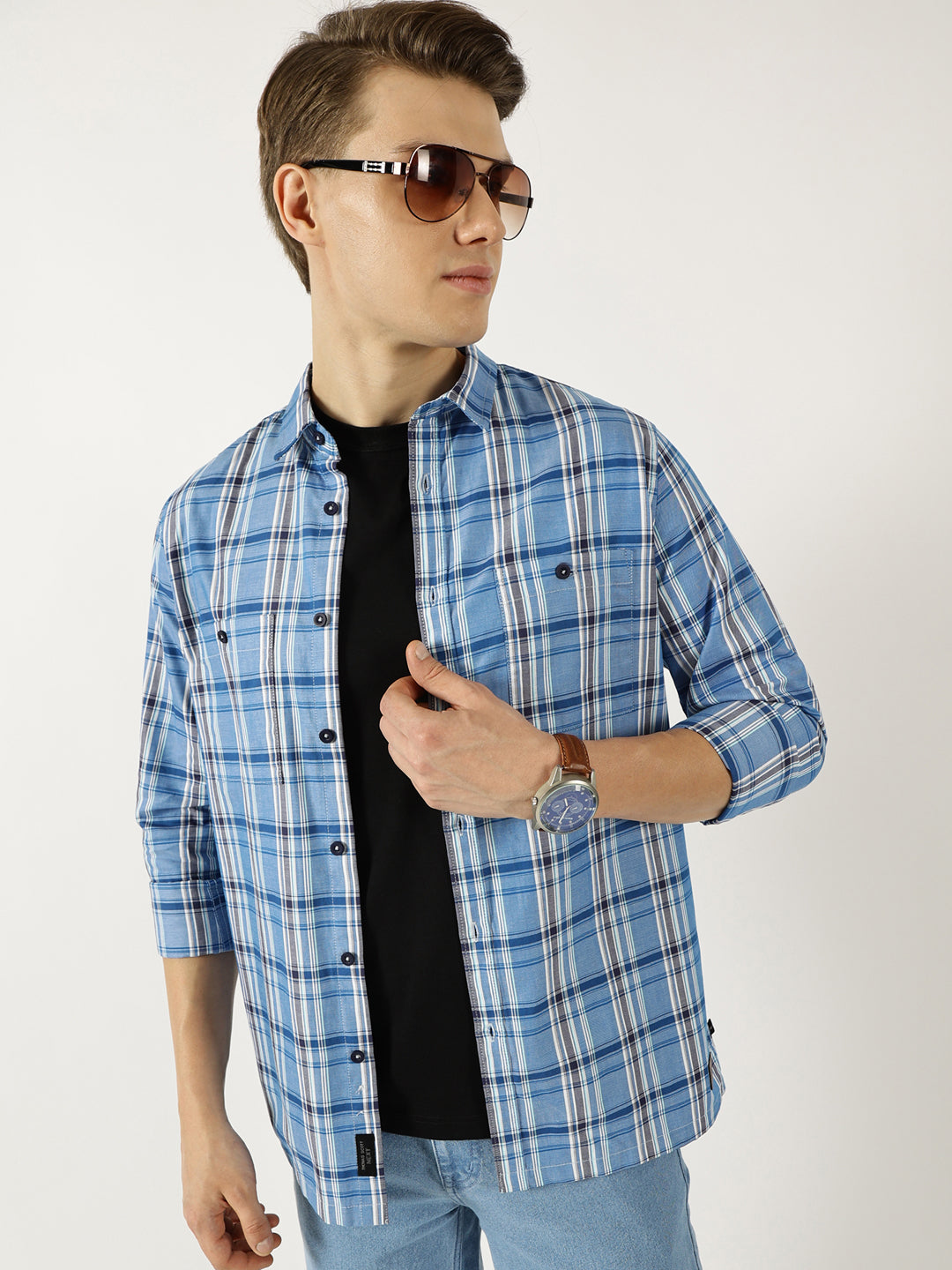 Thomas Scott Men Blue Classic Spread Collar Tartan Checked Cotton Slim Fit Casual Shirt