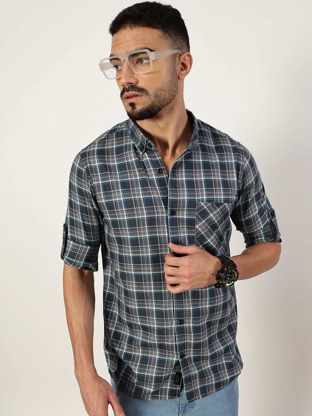 Thomas Scott Men Charcoal Premium Spread Collar Checked Cotton Slim Fit Casual Shirt