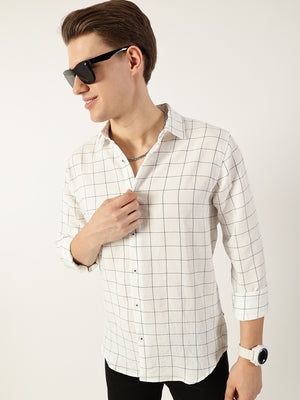 Thomas Scott Men White Smart Spread Collar Windowpane Checked Slim Fit Casual Shirt