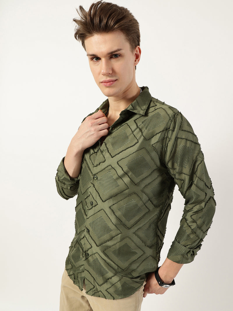 Thomas Scott Men Green Premium Spread Collar Graphic Printed Slim Fit Casual Shirt