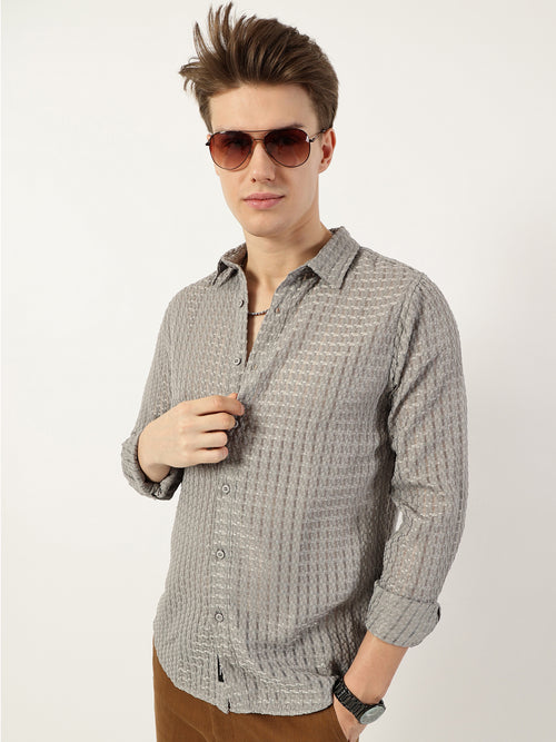 Thomas Scott Men Grey Premium Spread Collar Textured Solid Slim Fit Casual Shirt