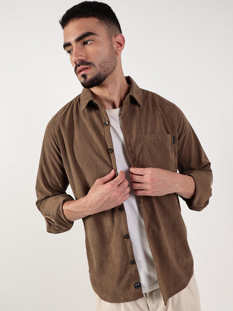 Thomas Scott Men Brown Premium Spread Collar Textured Relaxed Fit Casual Shirt