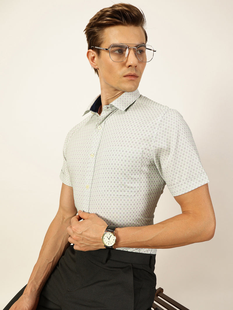 Thomas Scott Men Green Smart Micro Checked Spread Collar Formal Shirt