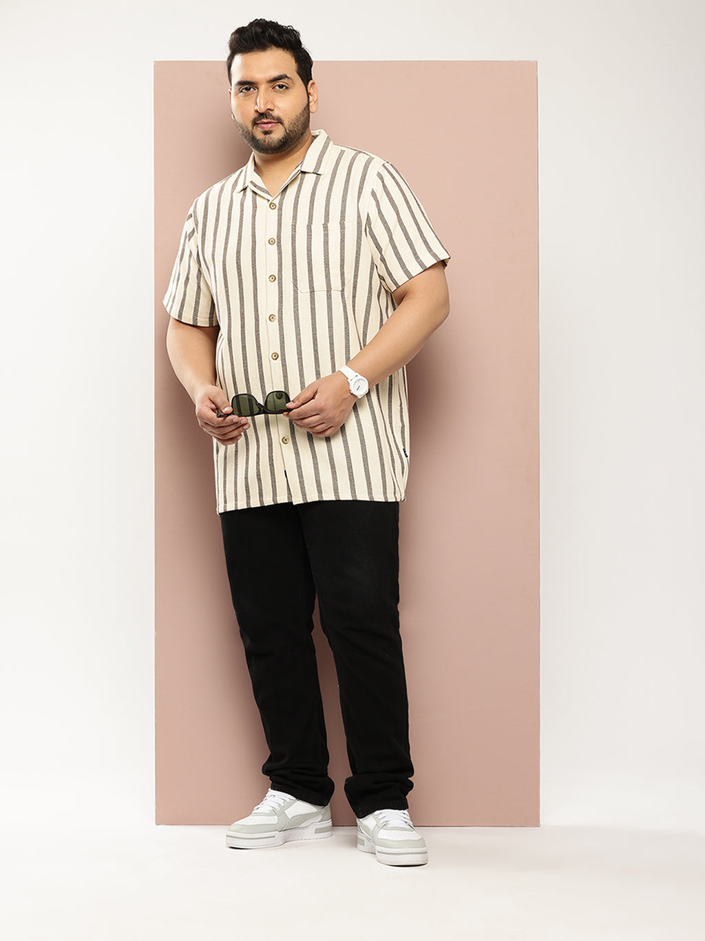 Thomas Scott Men Coffee Plus Size Premium Striped Pure Cotton Casual Shirt