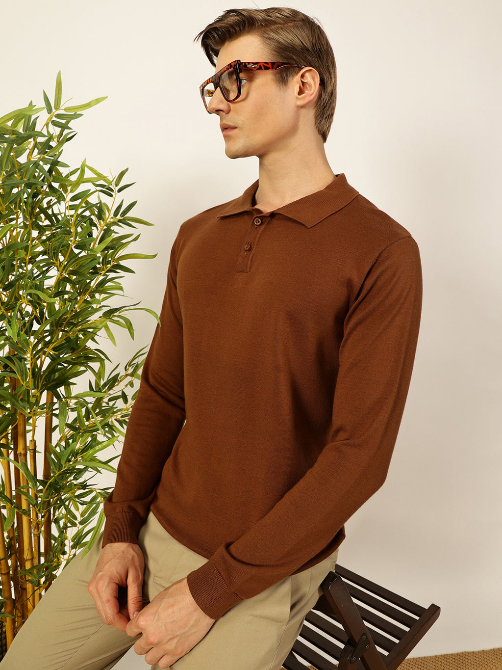 Thomas Scott Men Brown Knit Solid Polo Collar Cotton T-shirt