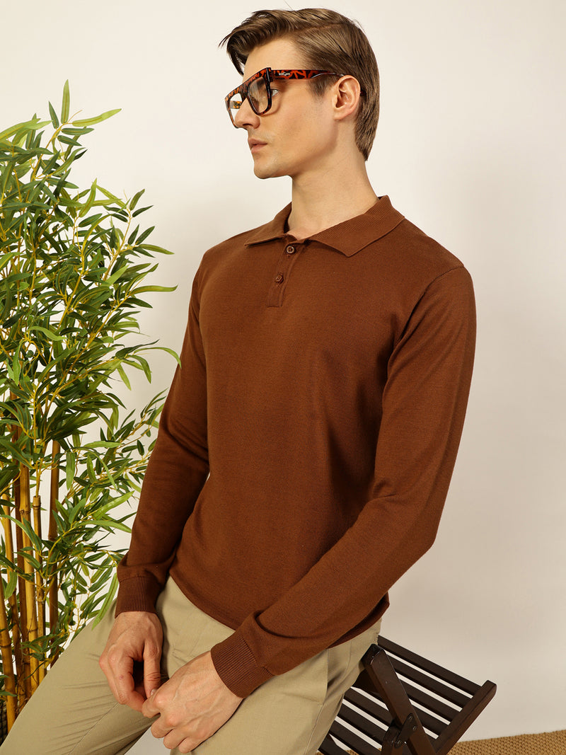 Thomas Scott Men Brown Knit Solid Polo Collar Cotton T-shirt