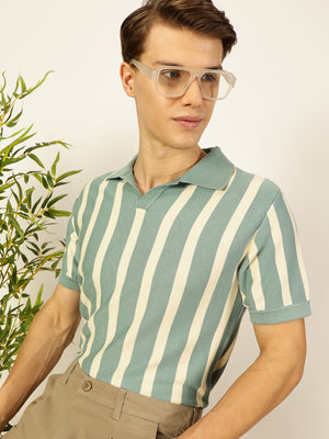 Thomas Scott Men Teal Bio Finish Striped Polo Collar Cotton T-shirt